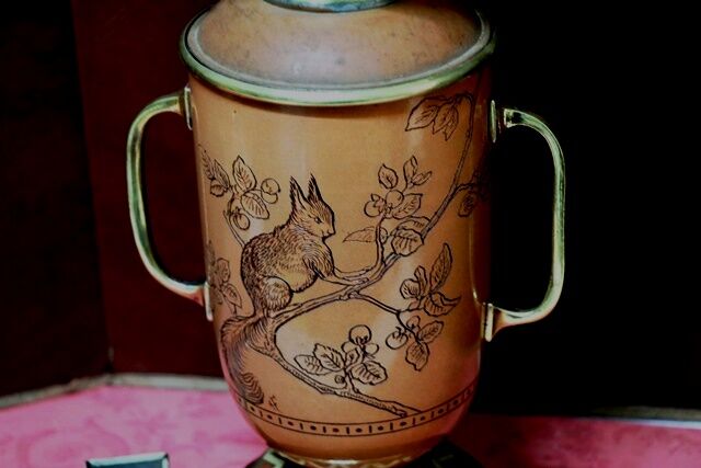 Antique Hand Decorated 2 Handle Oil Lamp 