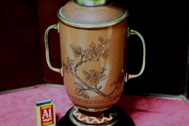 Antique Hand Decorated 2 Handle Oil Lamp 