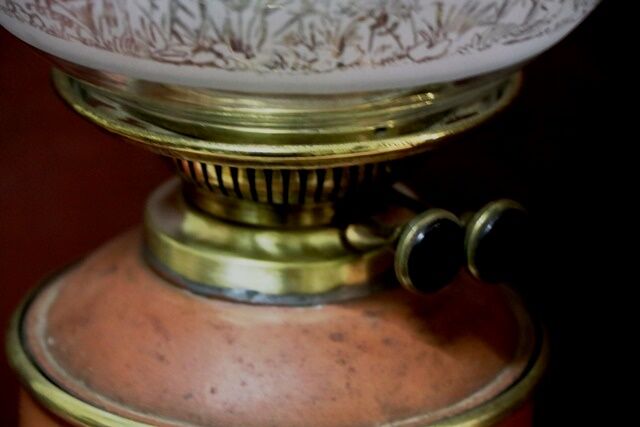 Antique Hand Decorated 2 Handle Oil Lamp 