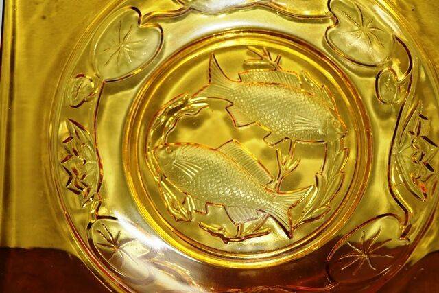 Art Deco Bagley Twin Fish Amber Glass Serving Dish 