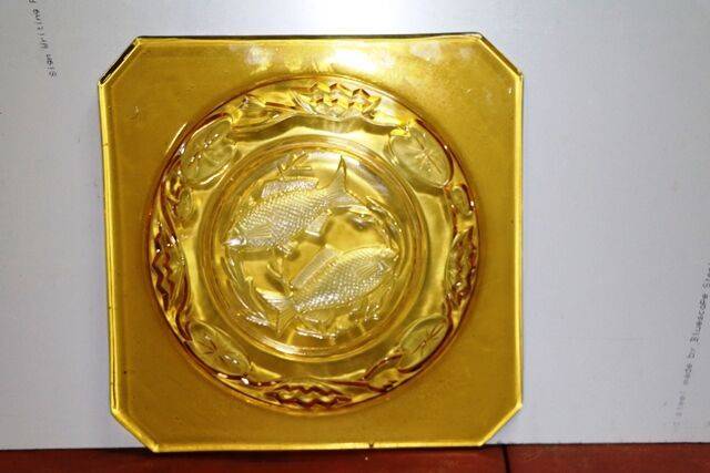 Art Deco Bagley Twin Fish Amber Glass Serving Dish 