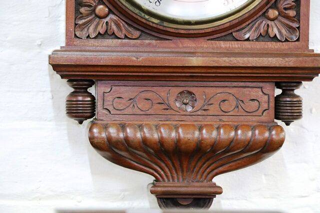 Large Antique Decorative Carved Walnut Aneroid Barometer 