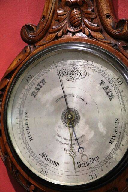 Large Antique Decorative Carved Walnut Mercury Barometer  