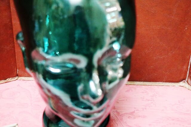 Vintage 60s 70s Dark Green GLASS Mannequin Head Hat Wig Stand Display 28cm H