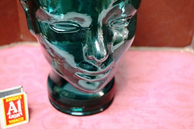 Vintage 60s 70s Dark Green GLASS Mannequin Head Hat Wig Stand Display 28cm H