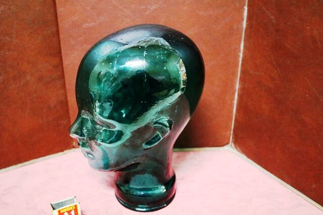 Vintage 60s 70s Dark Green GLASS Mannequin Head Hat Wig Stand Display 28cm H