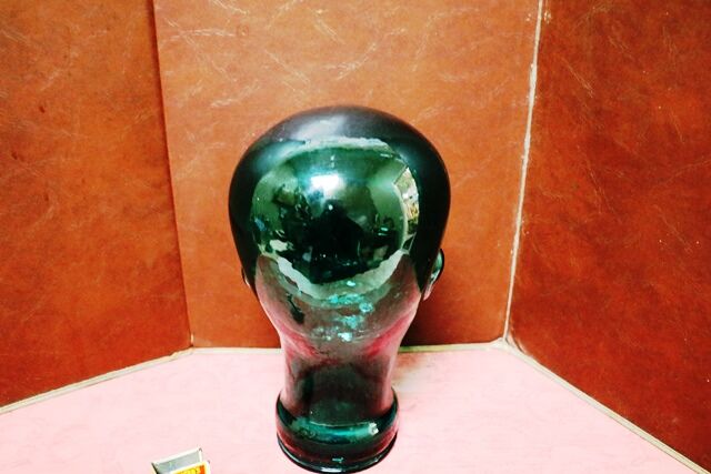 Vintage 60s 70s Dark Green GLASS Mannequin Head Hat Wig Stand Display 28cm H
