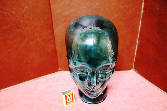 Vintage 60s 70s Turquoise Green GLASS Mannequin Head Hat Wig Stand Display 28cm H