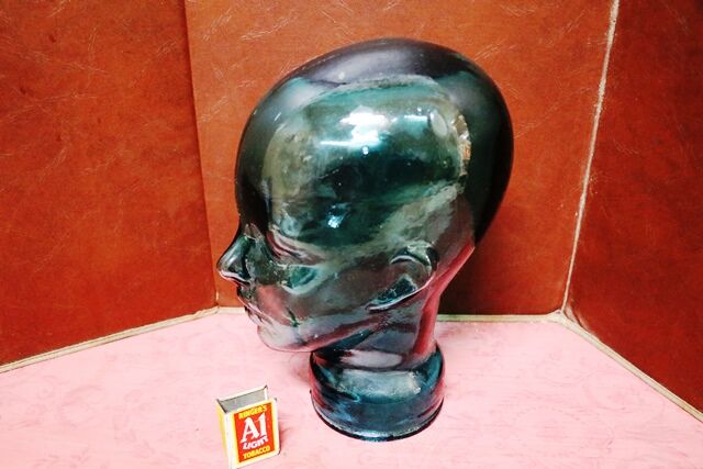 Vintage 60s 70s Turquoise Green GLASS Mannequin Head Hat Wig Stand Display 28cm H