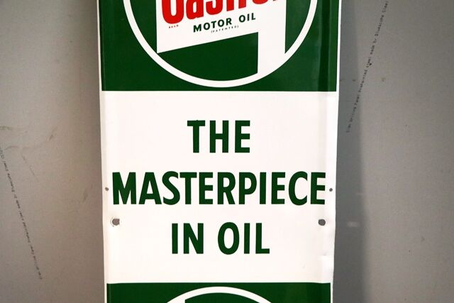 1964 Castrol L The Masterpiece in Oil Tin Advertising Sign 