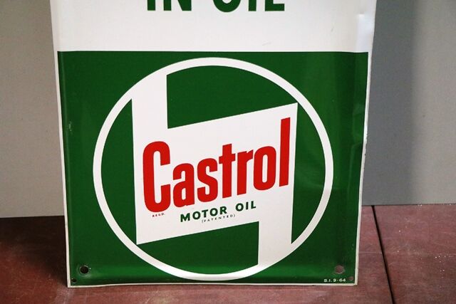 1964 Castrol L The Masterpiece in Oil Tin Advertising Sign 