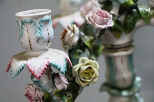 19th Century Antique German Porcelain 3 Branch Candelabra 