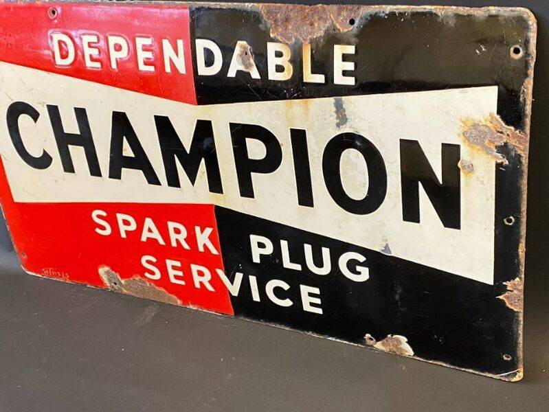 Vintage Champion Dependable Spark Plug Enamel Sign XXXX Antique Complex