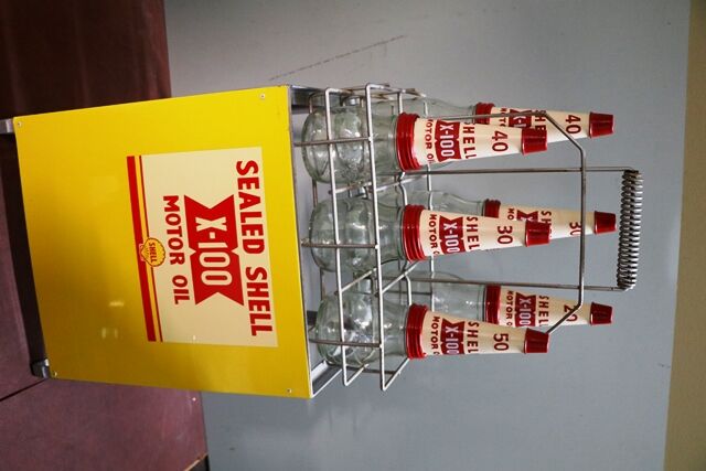 6 Bottle Shell X100 Oil Rack Genuine Bottles Repro Rack and Tin Tops