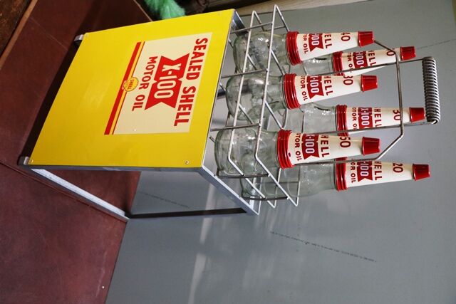 6 Bottle Shell X100 Oil Rack Genuine Bottles Repro Rack and Tin Tops