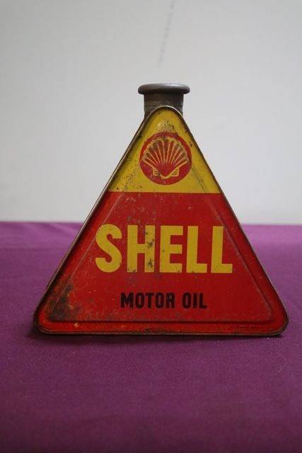 A Rare Shell Motor Oil Tri Shape  Tin With Stickman