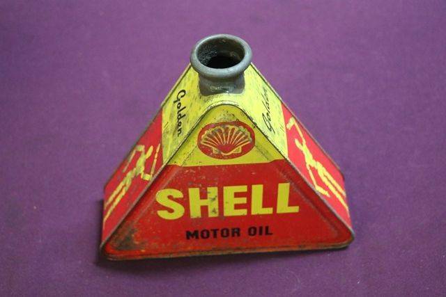 A Rare Shell Motor Oil Tri Shape  Tin With Stickman