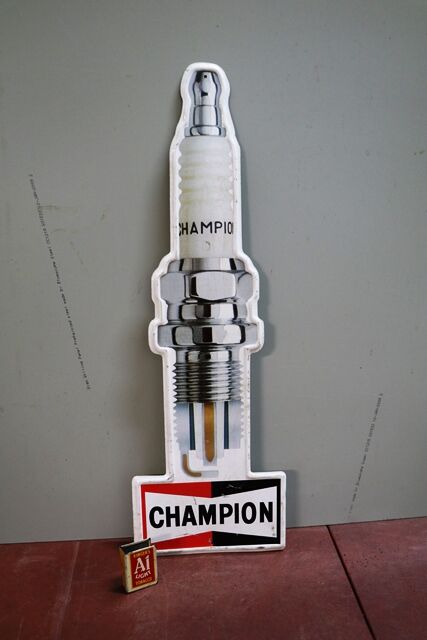 A Vintage Champion Spark Plug Shape Tin Advertising Sigh 