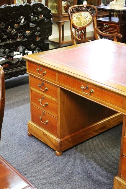 Antique 9 Drawer Partners Desk with Tooled Leather Insert 