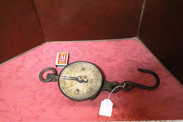 Antique English 19th Century Cast Iron 200lb Brass Faced Salter Spring Scale