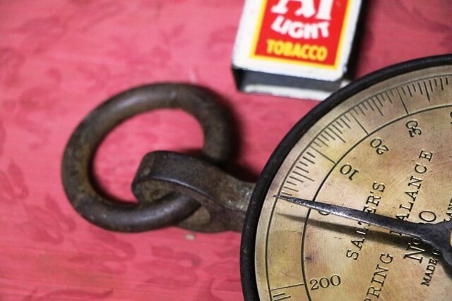Antique English 19th Century Cast Iron 200lb Brass Faced Salter Spring Scale