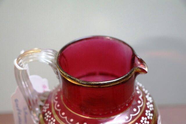 Antique Hand Painted Moser Ruby Glass Jug and 2 Tumblers 