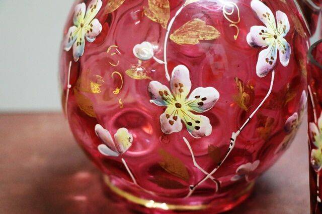 Antique Hand Painted Moser Ruby Glass Jug and Tumbler  