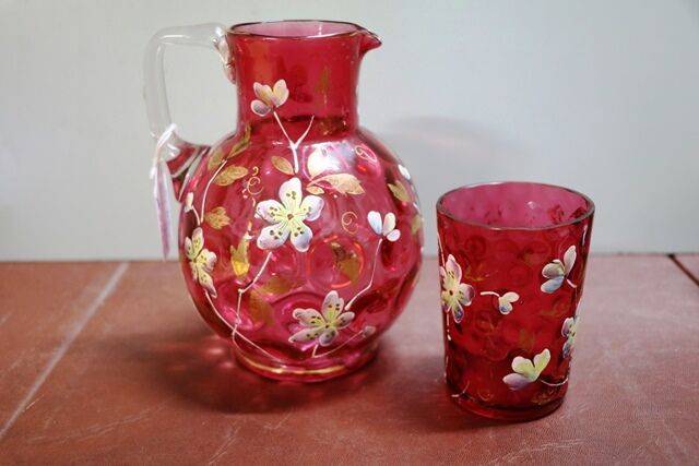 Antique Hand Painted Moser Ruby Glass Jug and Tumbler  