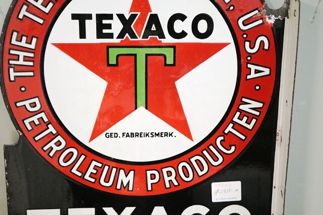 Antique Texaco Motor Oil Post Mount Double Sided Enamel Sign 