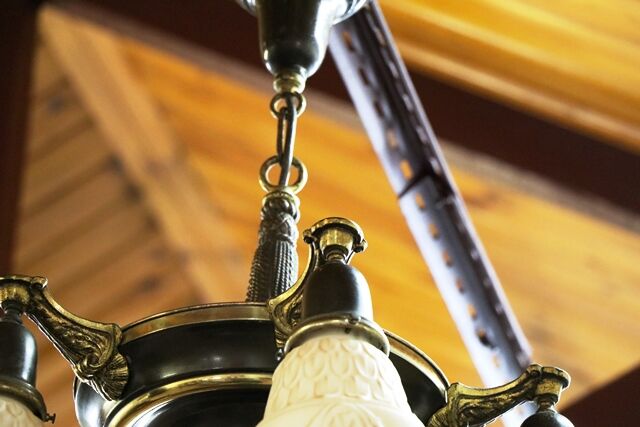 Art Deco 5 Branch Glass and Bronzed Metal  Ceiling Lamp