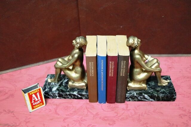 Art Deco Pair of Gilt Bronze Book Ends on Marble Bases 