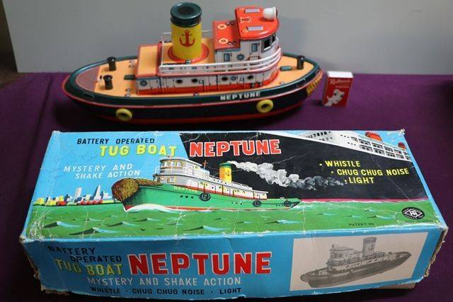 Battery Operated Modern Toys Japanese Tug Boat Neptune Tin Plate