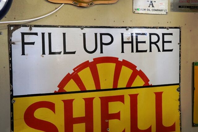 Early Shell Fill Up Here From The Pump Enamel Sign 