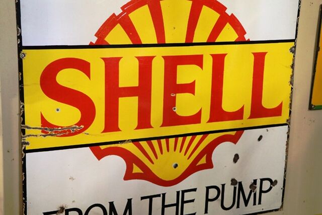 Early Shell Fill Up Here From The Pump Enamel Sign 