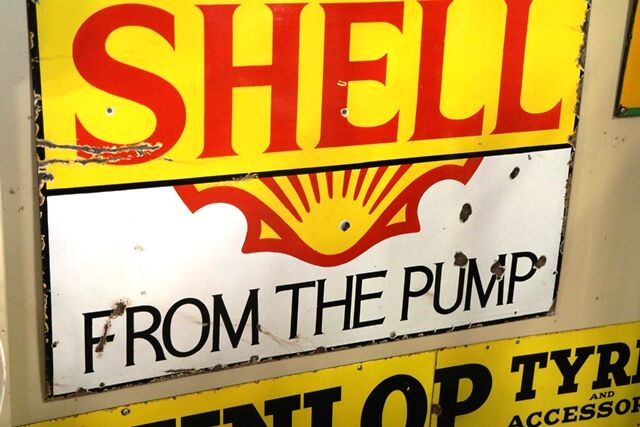 Early Shell Fill Up Here From The Pump Enamel Sign 