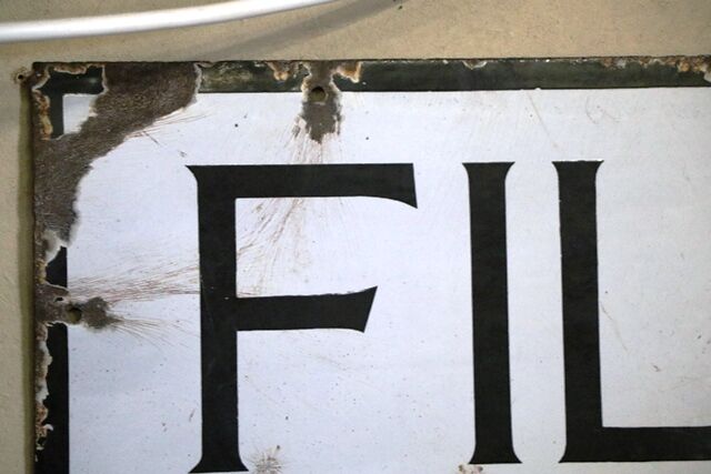 Early Shell Fill Up Here From The Pump Enamel Sign 