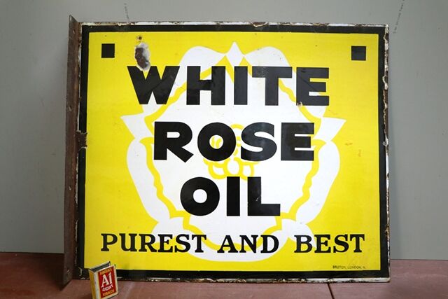 Early Vintage White Rose Oil Double Sided Adv Sign 
