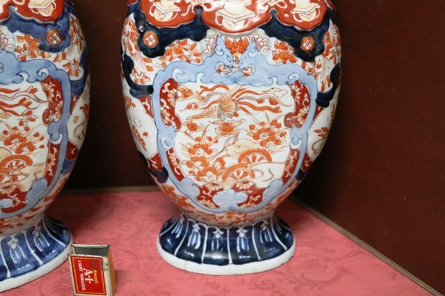 Pair of Rare C20th Imari Flat Front and Rear Panel Vases 