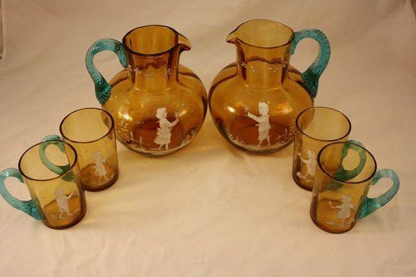 Set Of 6 Amber Glass Mary Gregory Drinks Set