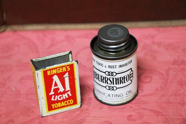 Small Vintage Burrsthreo Lubricating Oil Tin With Contents