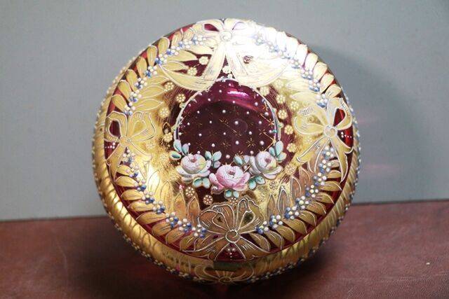 Stunning Moser Ruby Glass With Gilt Decoration Trinket Bowl  