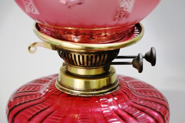 Victorian Oil Lamp Ruby Font and Ruby Etched Shade 