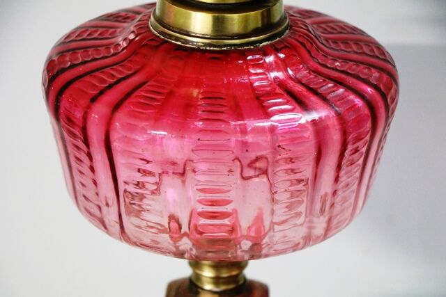 Victorian Oil Lamp Ruby Font and Ruby Etched Shade 