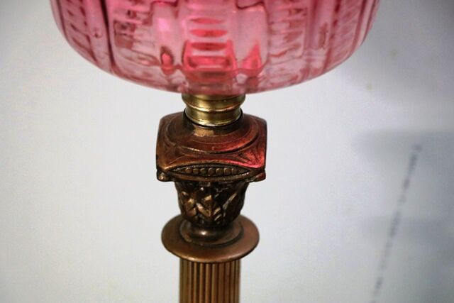 Victorian Oil Lamp Ruby Font and Ruby Etched Shade 