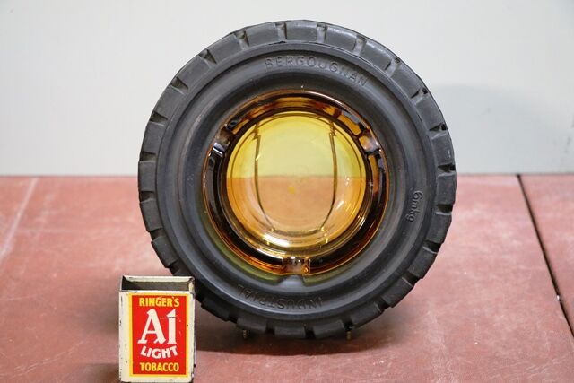 Vintage Bergougnan Industrial Tyre Rubber and Amber Glass Promotional Ashtray