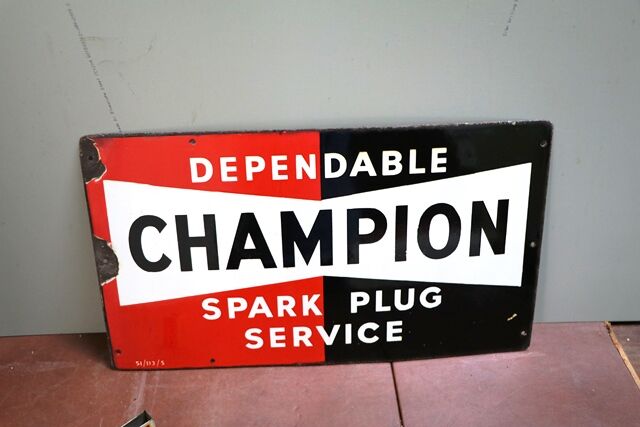 Vintage Champion Dependable Spark Plug Enamel Sign  