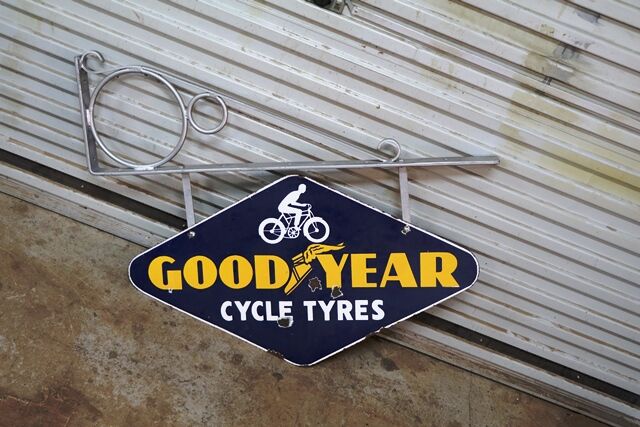 Vintage Goodyear Cycle Tyres Double Sided Lozenge Shaped Enamel Sign 