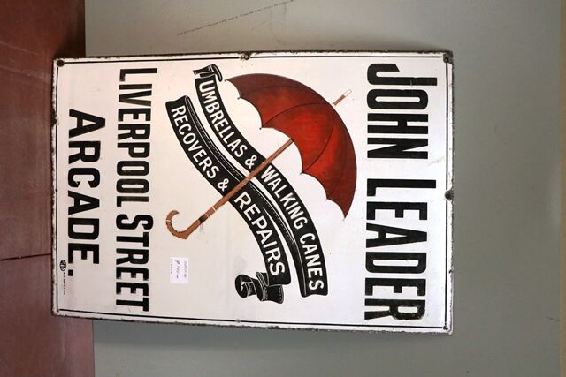Vintage John Leader Pictorial Umbrella Enamel Adv Sign 