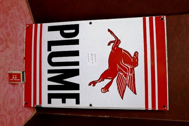 Vintage Mobil Plume Pegasus Enamel Advertising Sign  