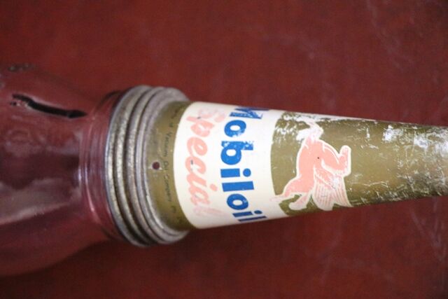 Vintage Mobiloil 1lt Oil Bottle with Pegasus Tin Top